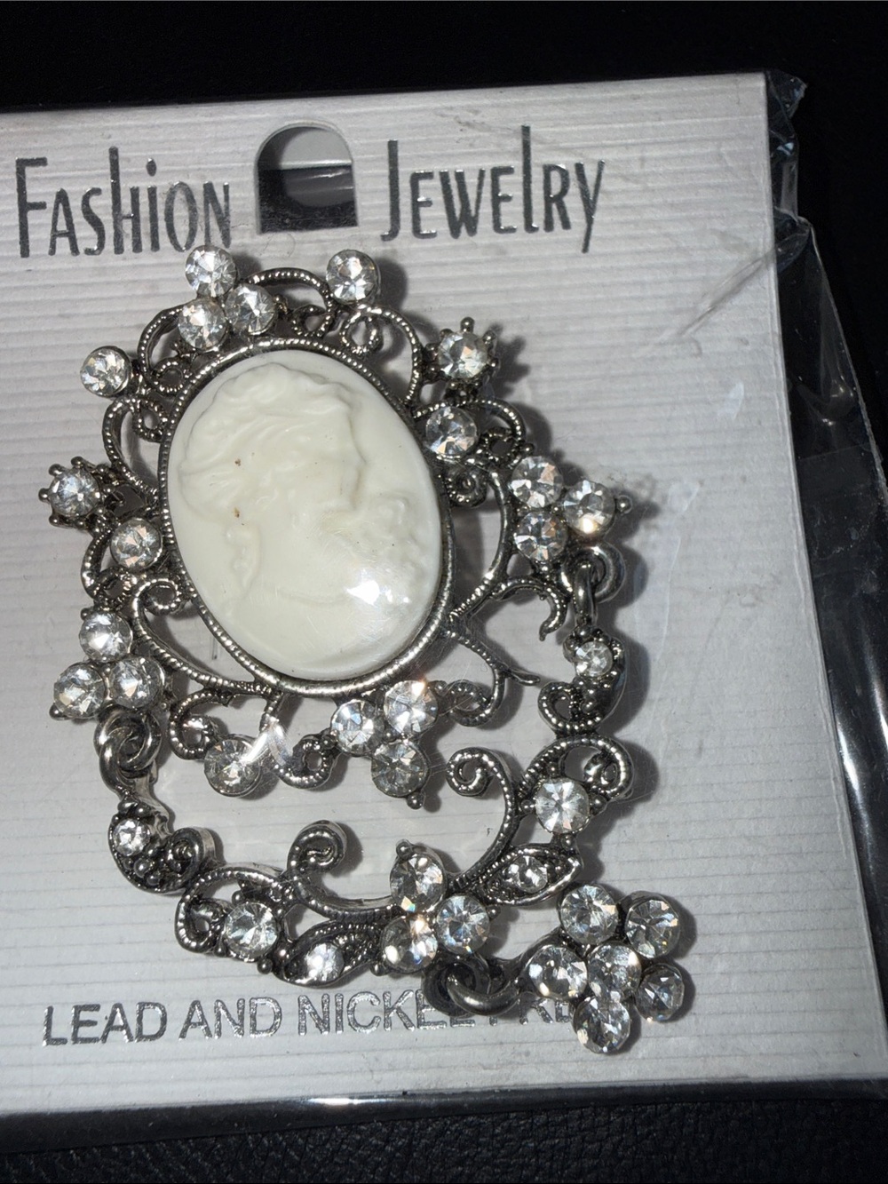 Fashion Jewelry Silver-Tone White Cameo Brooch with Clear Rhinestones